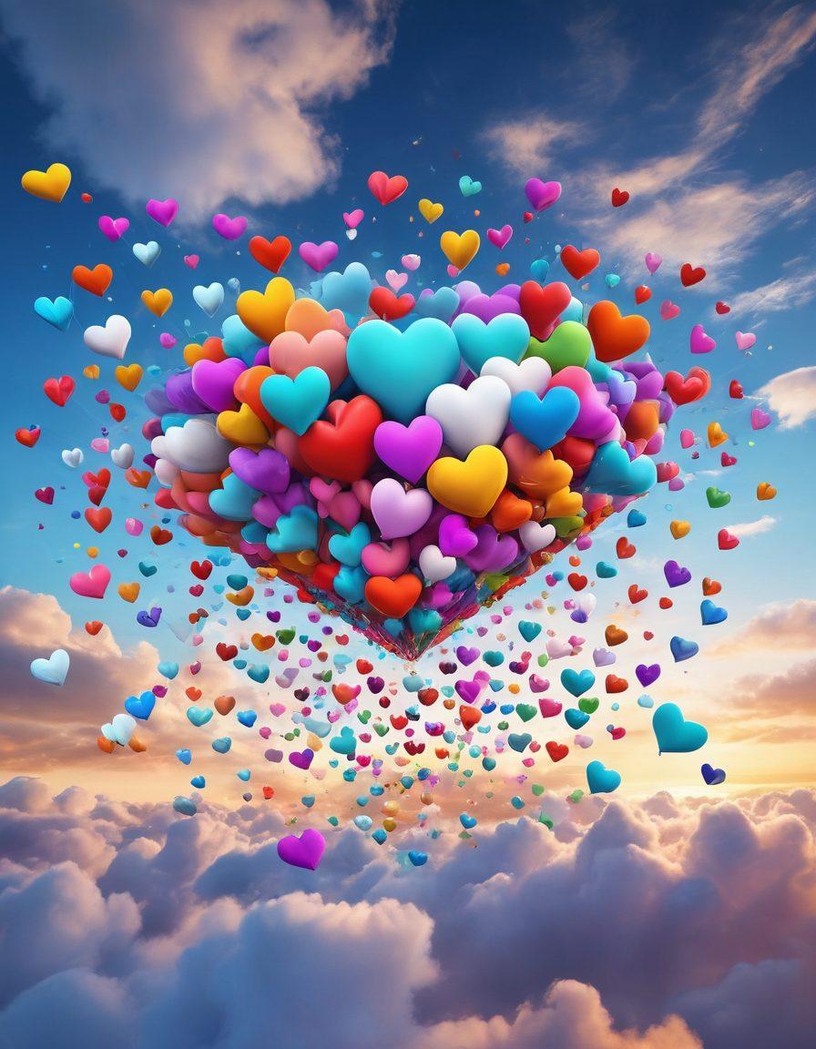 A vibrant, interactive digital landscape depicting various thoughtful gifts presented in a floating cloud of colorful messages. Include hands making gentle gestures, symbolizing connection and communication through technology. Incorporate elements of love and appreciation, like hearts and smiles. The background should be bright and cheerful, representing positivity in relationships. vivid colors. 3D.