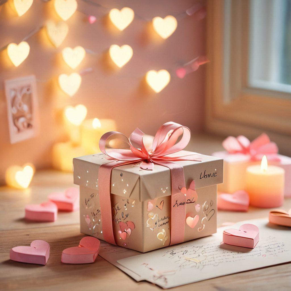 A beautifully wrapped gift box surrounded by glowing hearts and handwritten love notes, symbolizing the warmth of online romance. In the background, a soft digital interface showcasing messages exchanged between partners. The overall scene radiates warmth and connection. pastel colors. soft focus. romantic atmosphere.