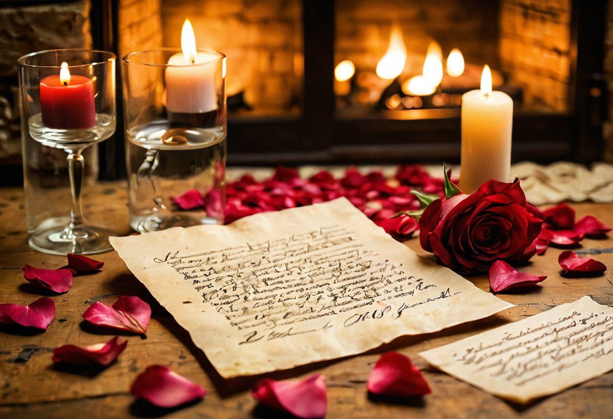 A beautiful handwritten love letter on aged parchment, surrounded by scattered rose petals and a soft flickering candle. In the background, a cozy scene with a warm fireplace and a couple sharing a tender moment. Capture the essence of love, connection, and warmth. soft focus, romantic ambiance, warm colors.